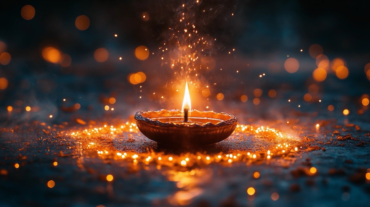 Festive Scene of Lighting a Sparkler with Diya Lamp During Diwali Celebrations in India