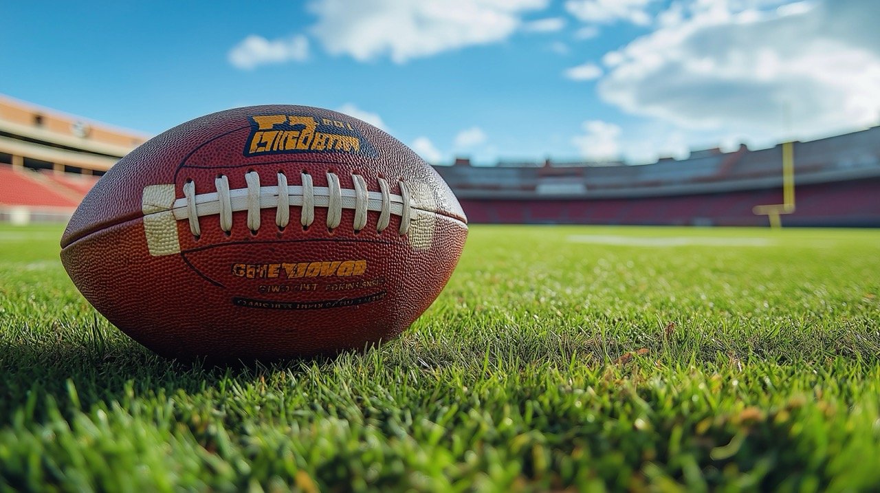 Football on Vibrant Green Field at Iowa State University – College Stadium Sports