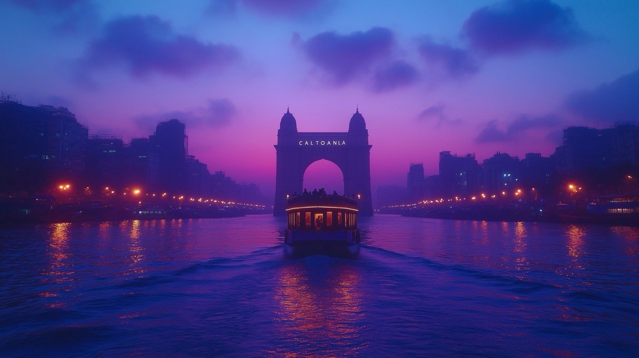 Gateway of India, Mumbai at Dusk Close-Up View of Passenger Ferry and Waterfront Terminal