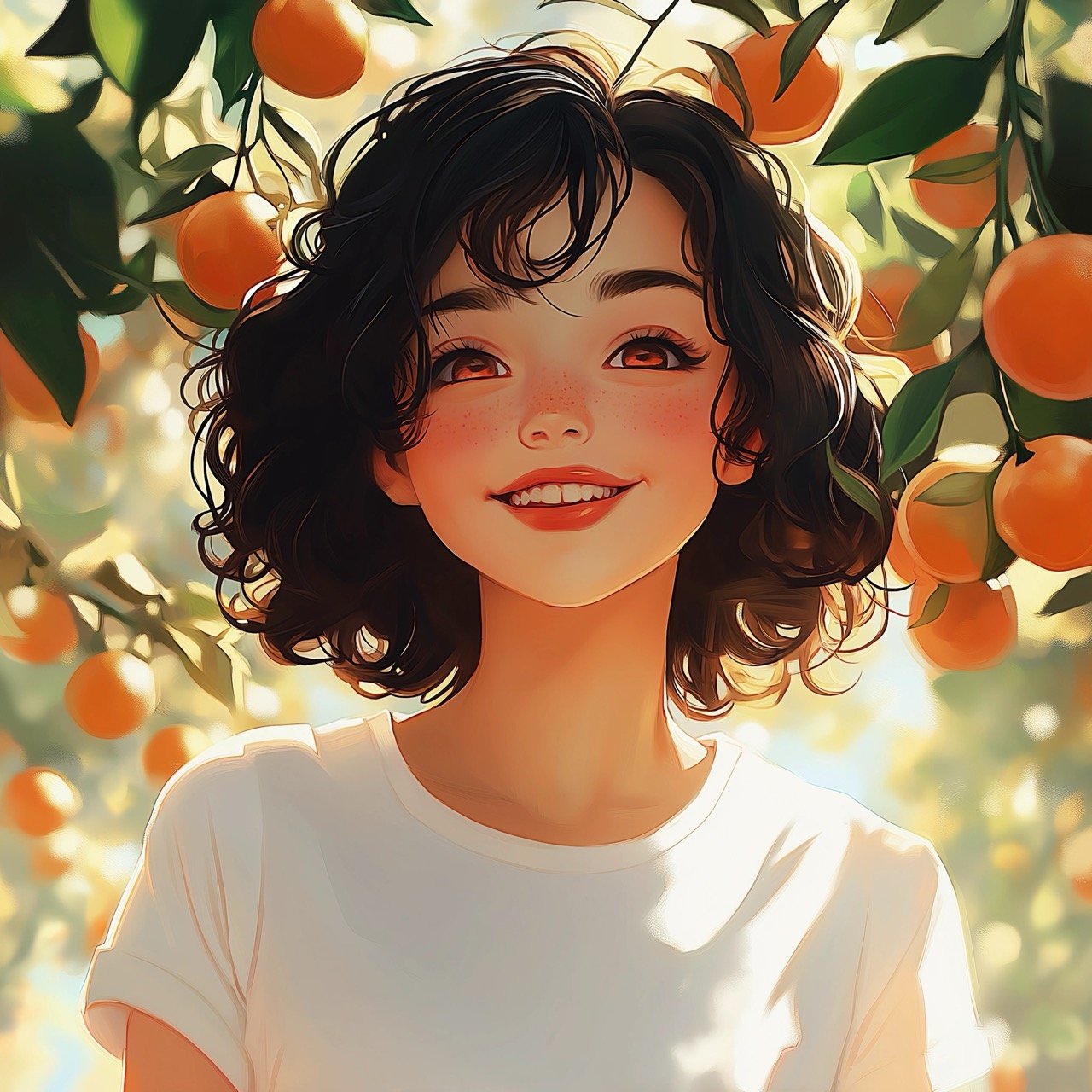 Girl with Short Dark Curly Hair and White T-Shirt, Enjoying Tangerines in a Bright, Sunny Garden