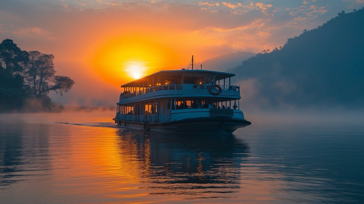 Goa Ferry Boat Transporting Passengers and Vehicles Between Ribander and Chorao Island – Scenic Morning Stock Photo