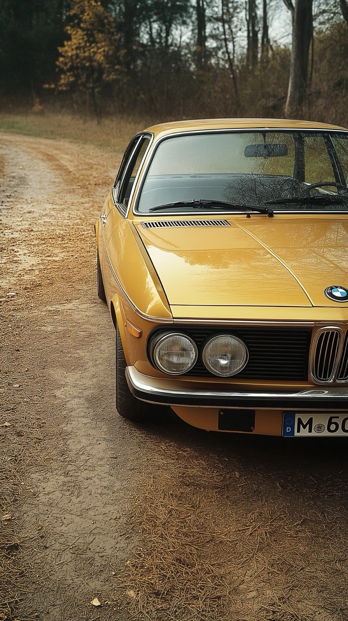 Golden Vintage Car on Dirt Road, Film Photography in Nuremberg, Germany with Analog Look