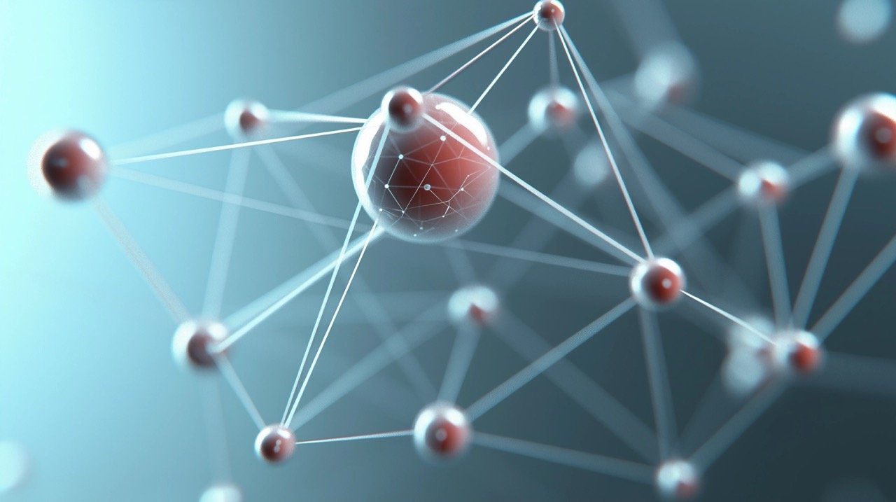 HD Render of Red Antenna with Small Balls 3D Structure Science, Futuristic Blue Polygonal Connection.