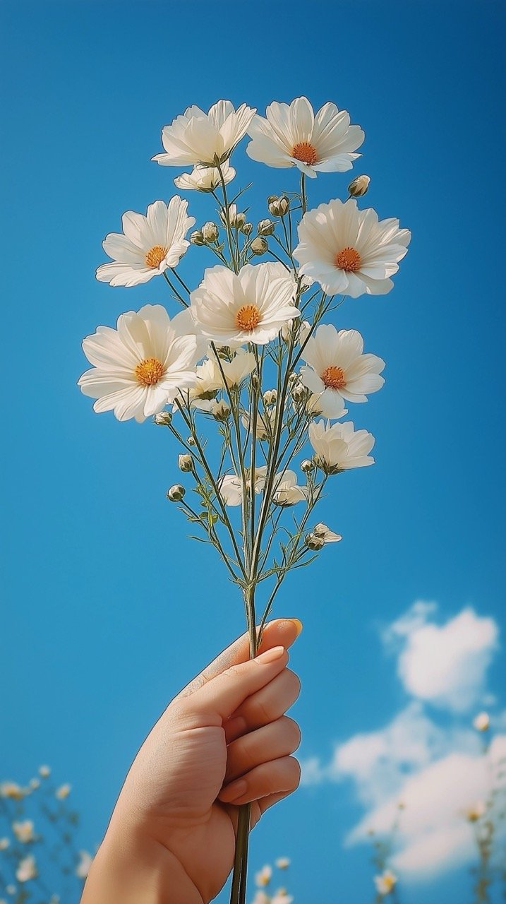 Hand-Held Flower Bouquet Against the Sky, Highlighting Beautiful Botanical Flowers and Floral Elegance in Nature