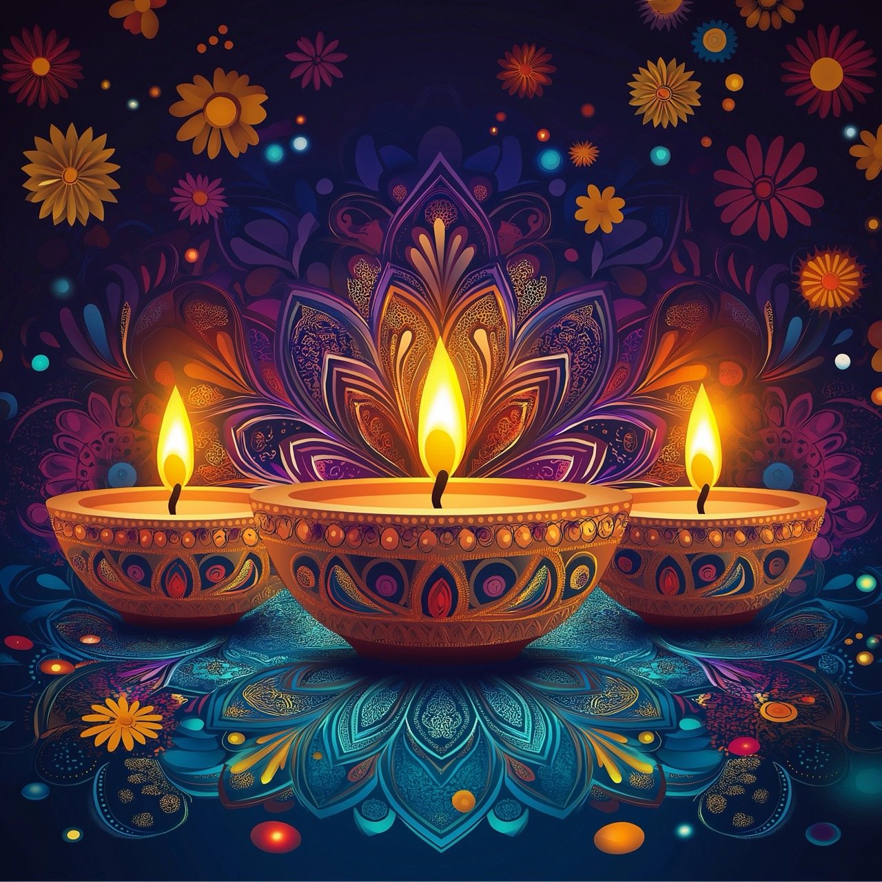 Happy Diwali Background with Candles and Mandala Design, Highlighting Traditional Indian Festival with Vibrant Colors