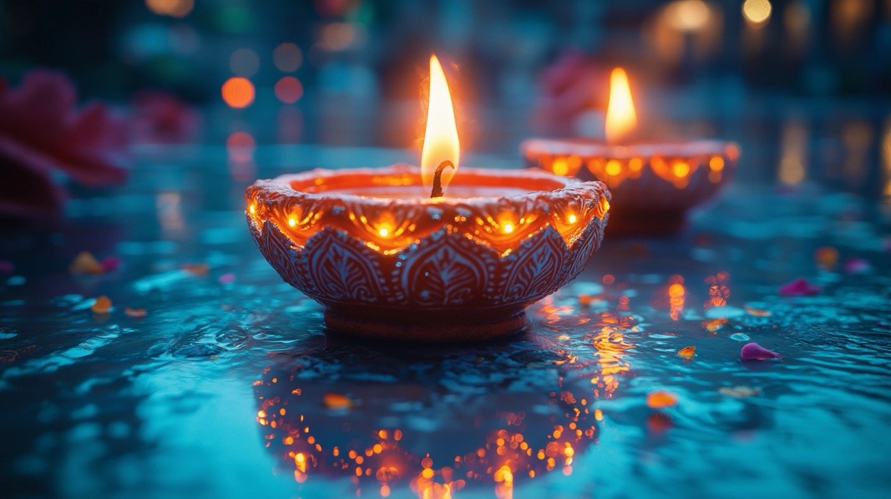 Happy Diwali Celebration with Beautiful Diya Lamps on a Reflective Base in Vibrant Blue Background