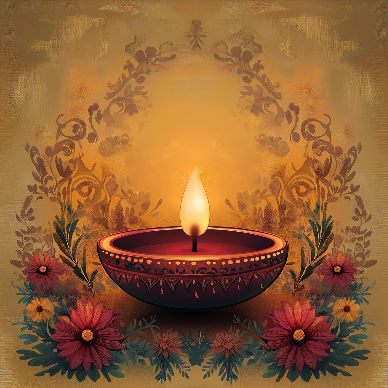 Happy Diwali Floral Art Design Featuring Indian Lamps and Diya Illustrations for Festive Celebration Posters