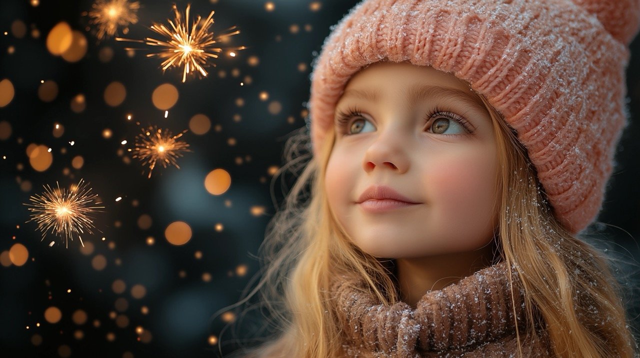 Happy Little Girl in a Knitted Pink Hat Holding Fireworks in Studio, Celebrating Christmas and New Year