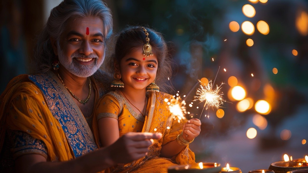 Happy Two-Generation Family Enjoying Diwali Celebration with Sparklers in Their Home