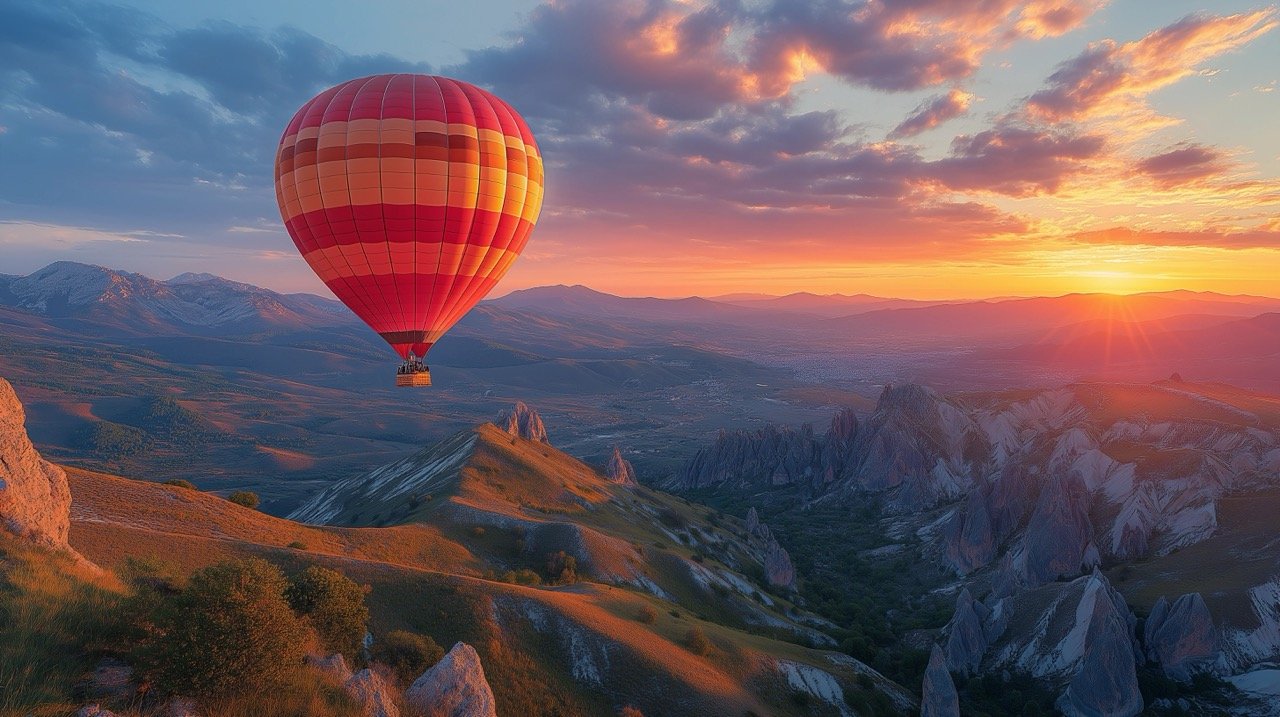 Hot air balloon floating above high mountains at sunset, breathtaking travel and nature scenery captured.