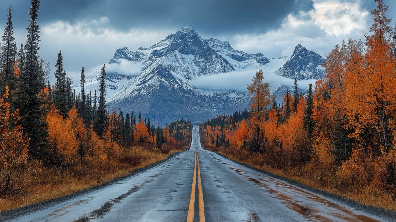 Icefield Parkway in Jasper National Park During Autumn – Beautiful Canadian Road and Mountain Scenery