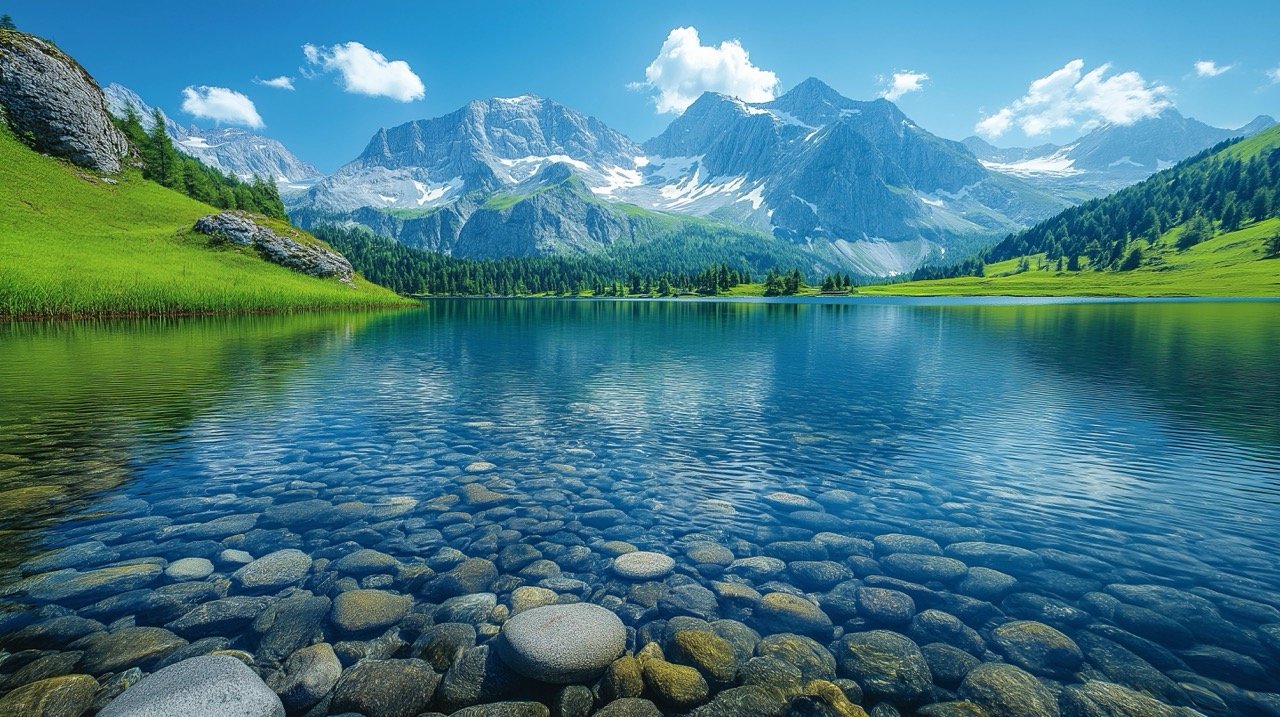 Idyllic Summer Alps Landscape with Clear Mountain Lake – Perfect Switzerland Scenery Stock Photo