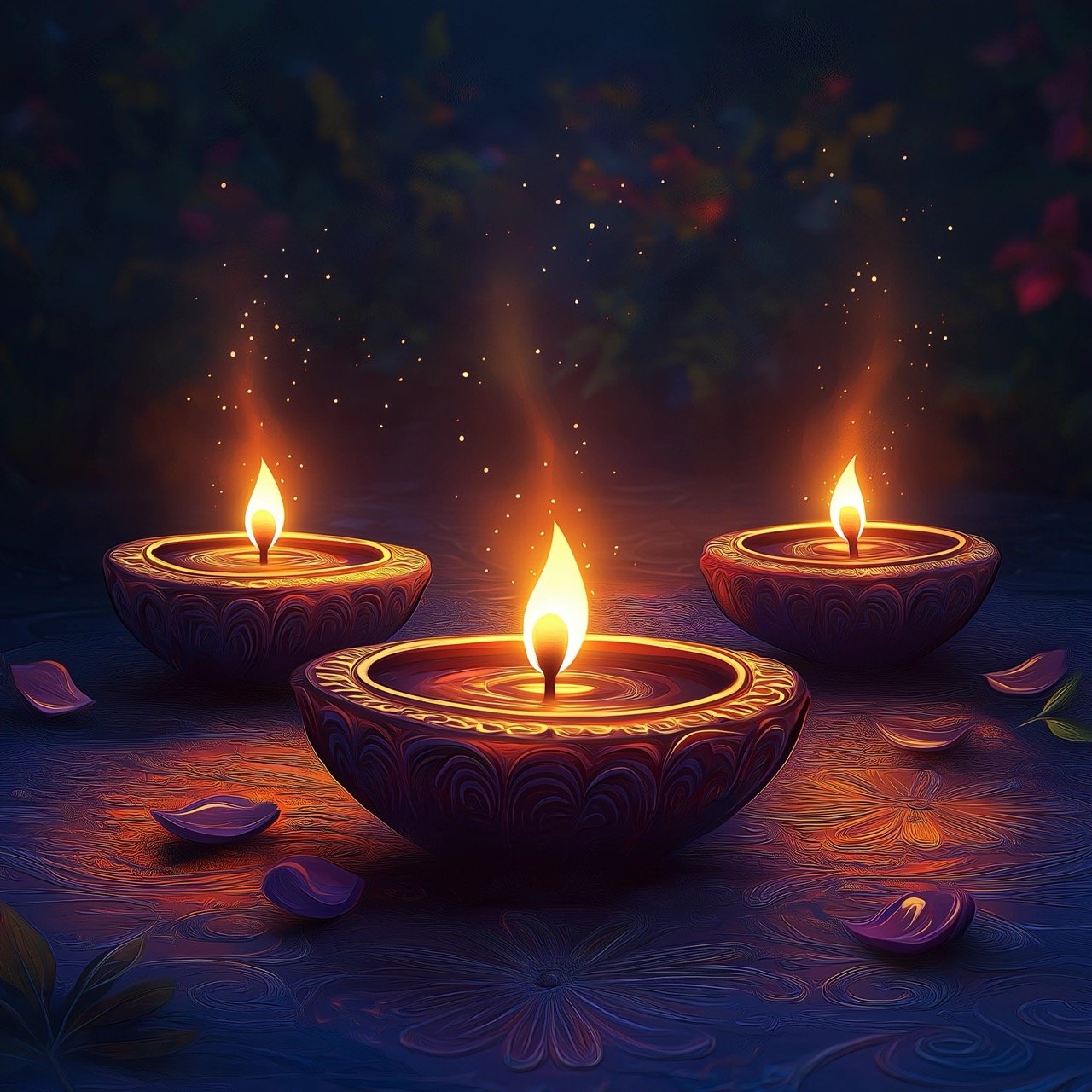 Illustration of Lit Diya Lamps on the Ground, Celebrating Diwali Lights and Festival Serenity