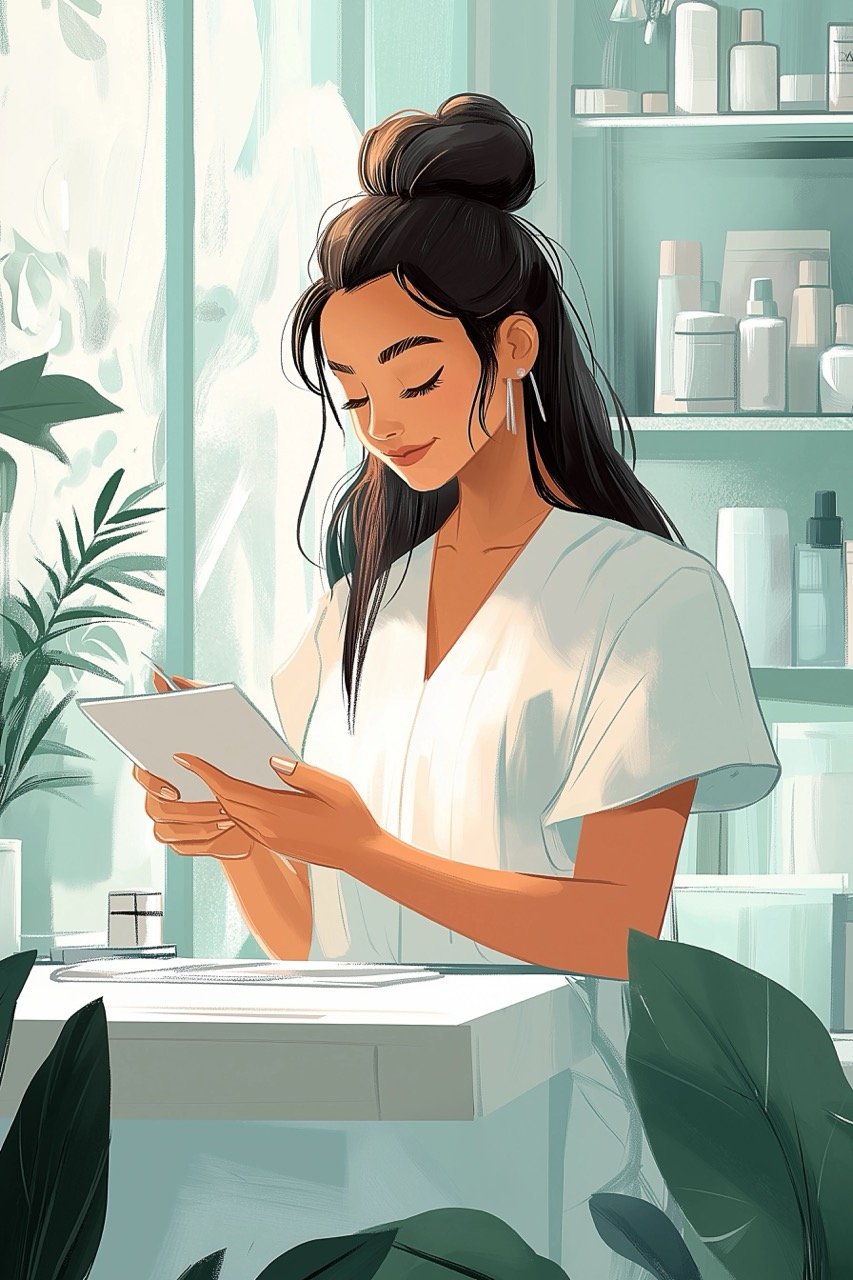 Illustration of Nail Technician in Serene Beauty Room, Writing in Agenda, Pastel Colors, Preparing for Work