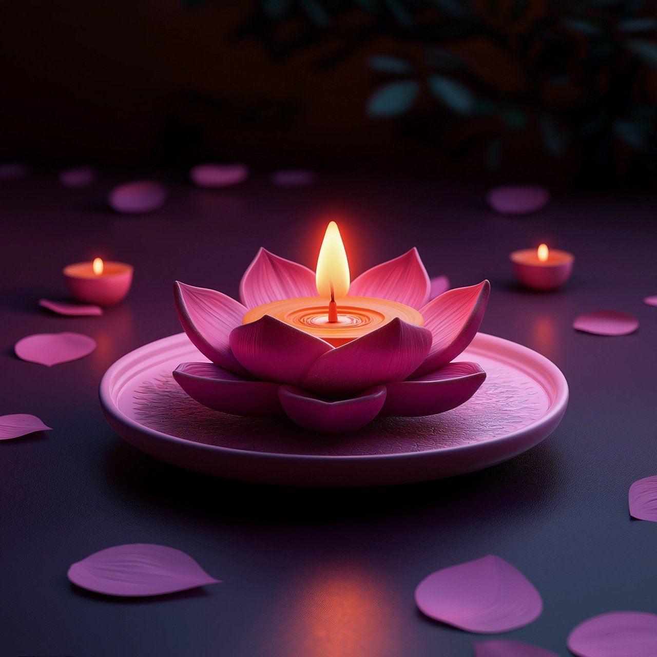 Illustration of Pink Plate with Lotus Flower Candle on Gradient Background for Diwali and Pooja Celebrations