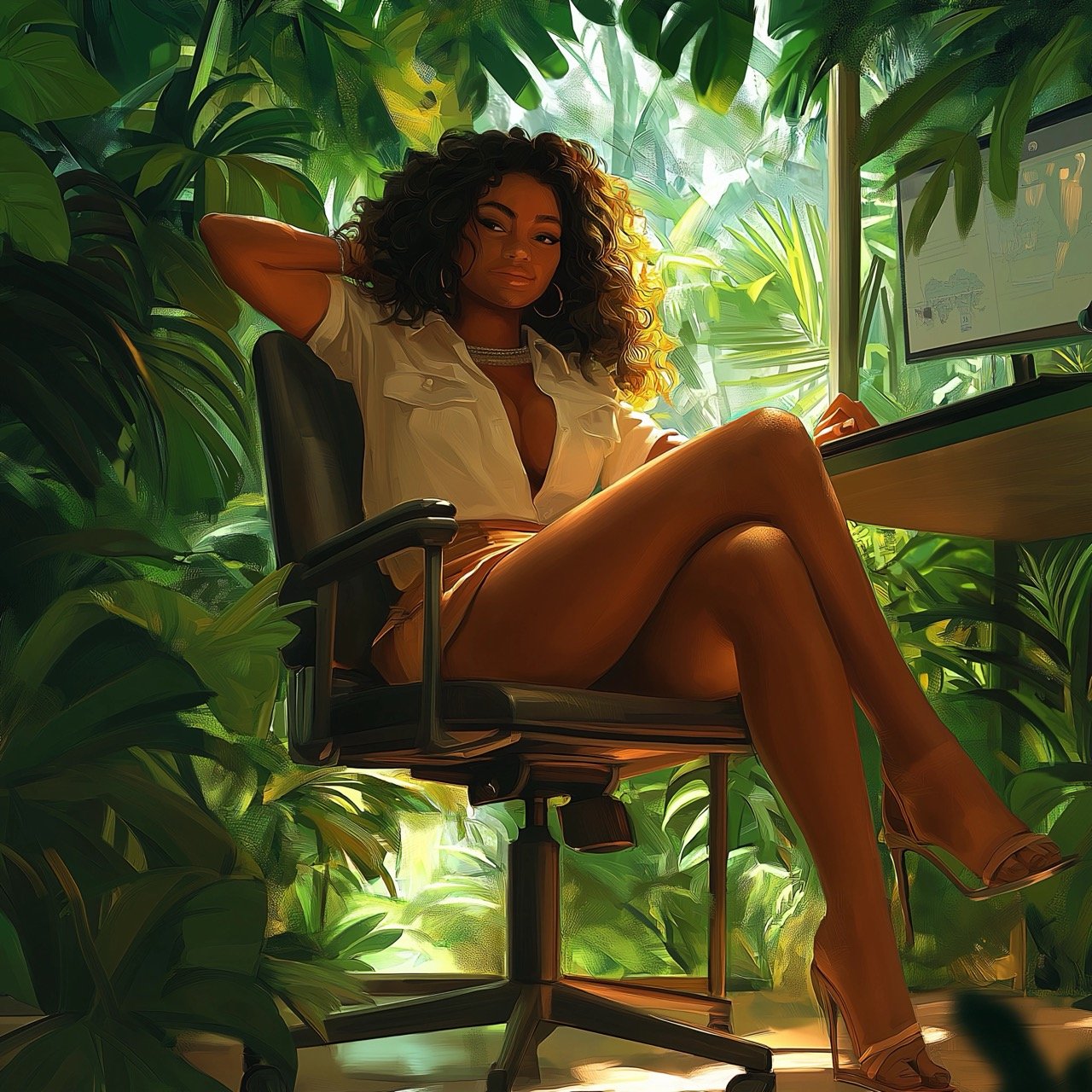 Illustration of Racially Ambiguous Woman Leaning Back in Chair with Feet on Desk, Sunny Jungle Setting