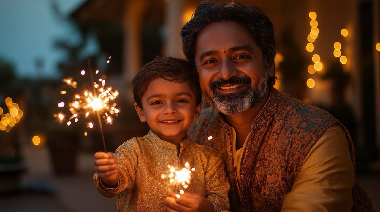 Indian Father and Son Celebrating Diwali Close-Up of Traditional Kurta and Casual Attire with Sparklers