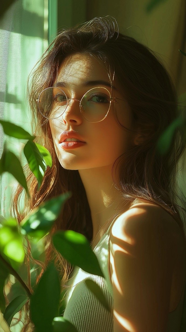 Indoor Beauty Girl Posing with Green Plants Under Soft Lighting, Embracing Nature and Style.