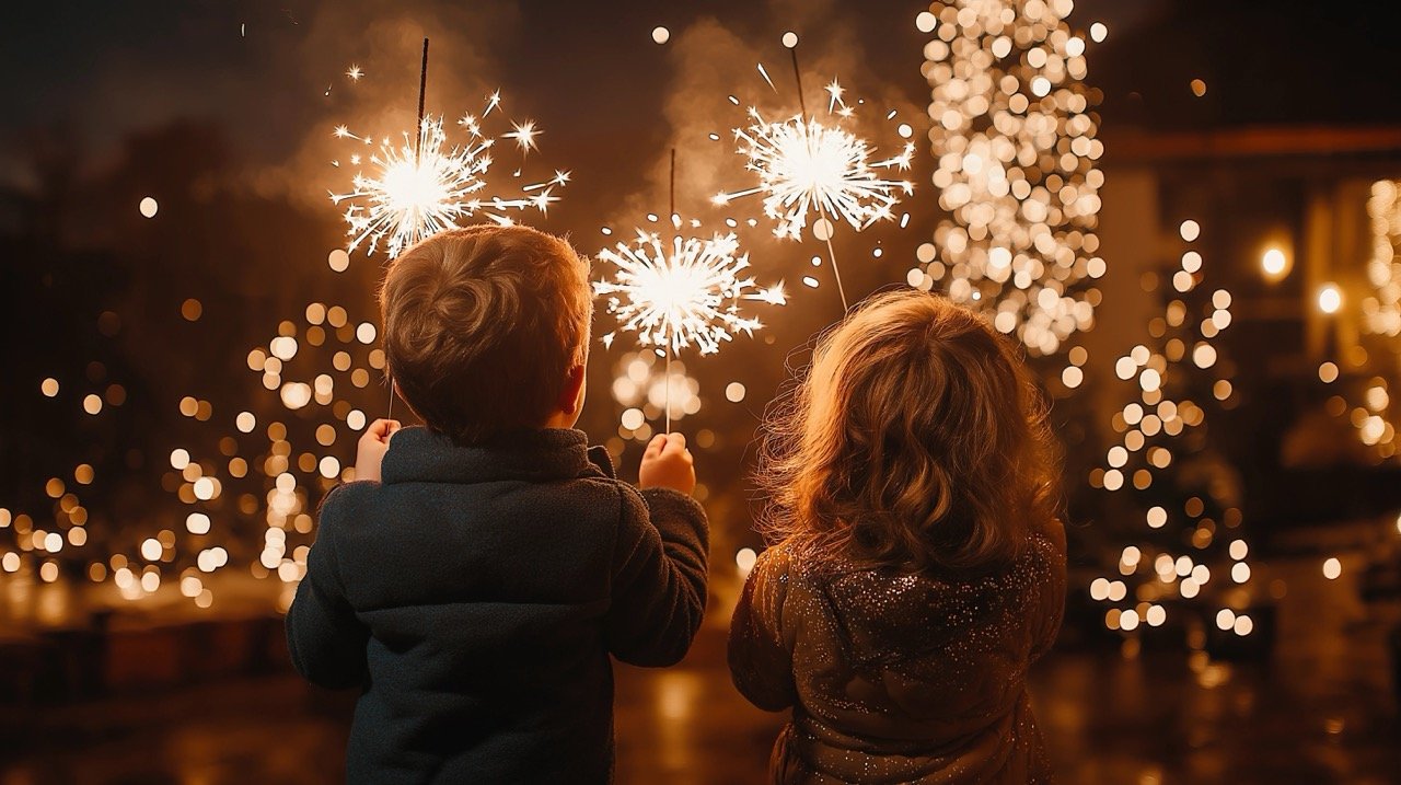 Indoor Lifestyle of Family Holidays with Two Happy Kids Playing with Burning Sparklers at Home