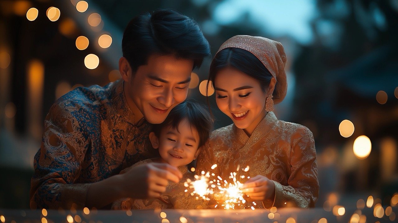 Joyful Ramadan Night Asian Family Playing with Sparklers as Part of Cultural Family Fun