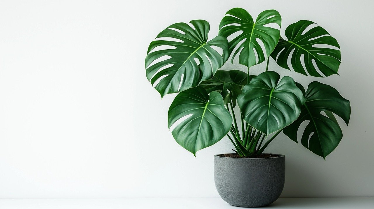 Large-leafed Monstera deliciosa plant in a modern gray pot, beautifully displayed against a white backdrop.