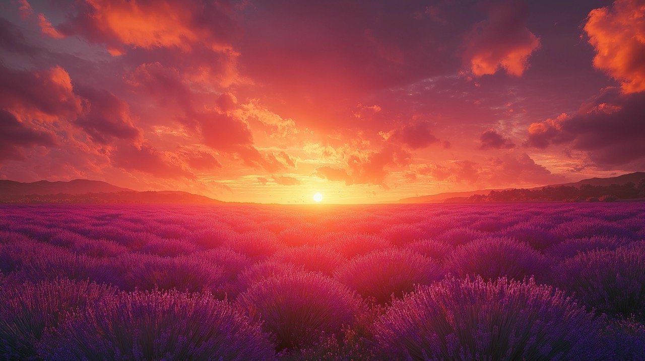 Lavender Field at Sunset in Provence Stunning Fiery Sky and Scenic Landscape from France