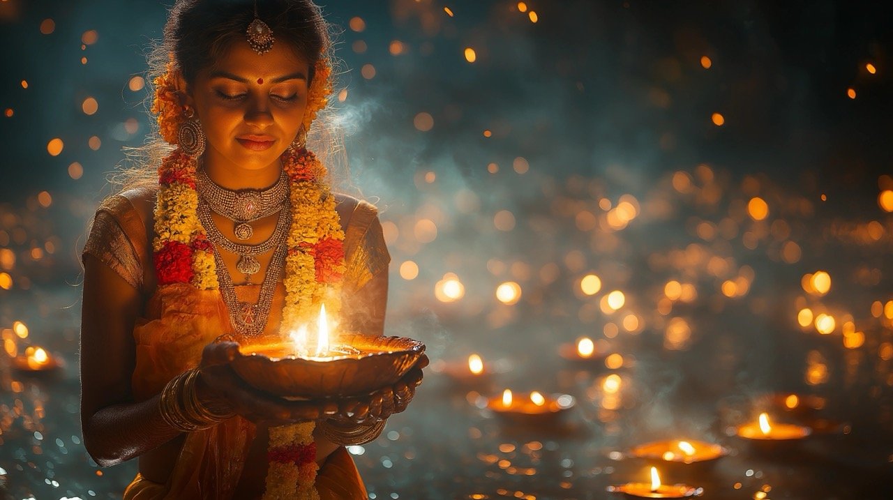 Lighting a Sparkler with Diya Lamp During Festive Diwali Celebration in Vibrant Indian Background