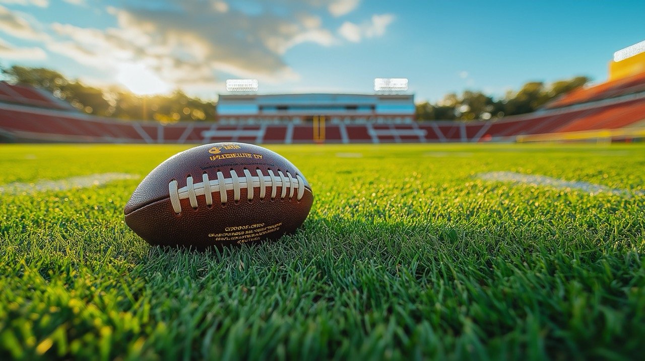 Lush Green Football Field with Football – Iowa State College Sports Stadium