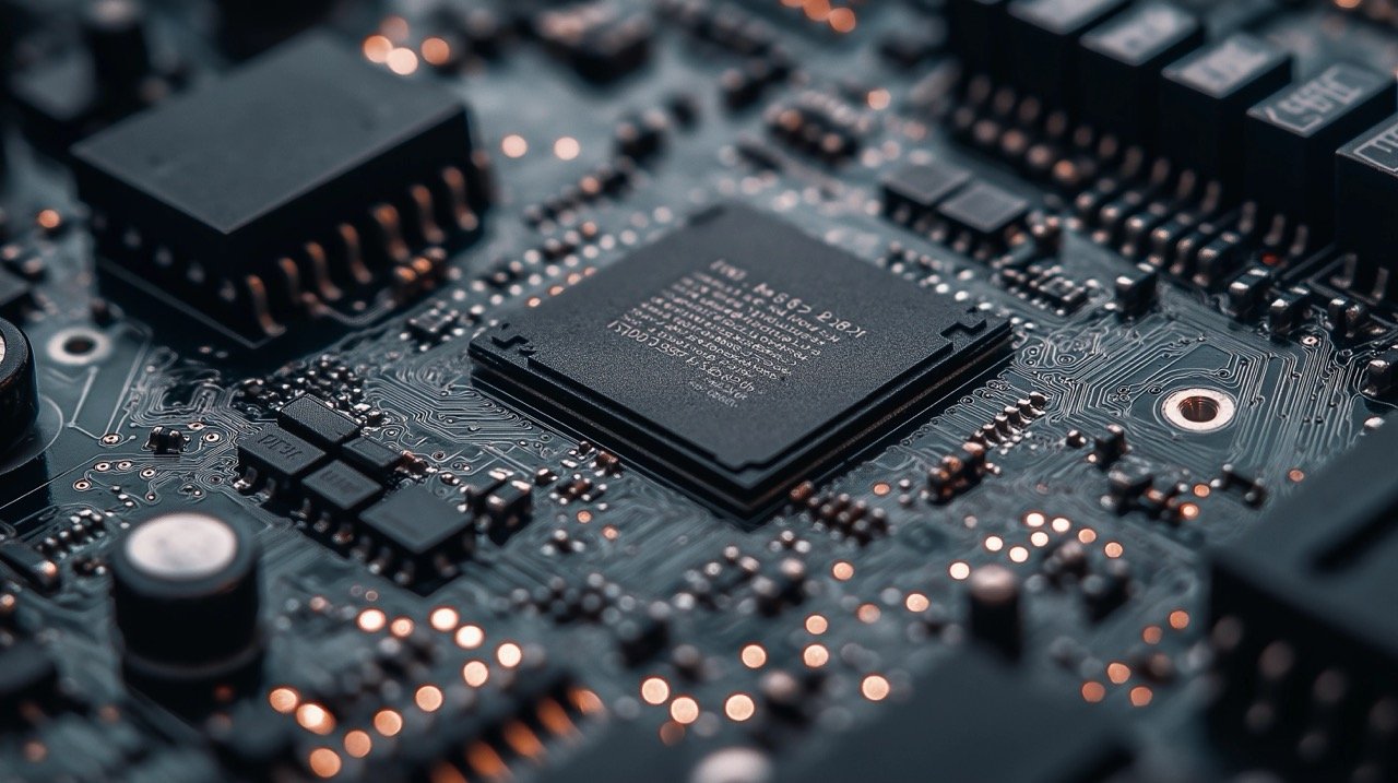 Macro Photography of Black Circuit Board Tech, Computer, Digital Electronics, and Hardware with Grey Background.