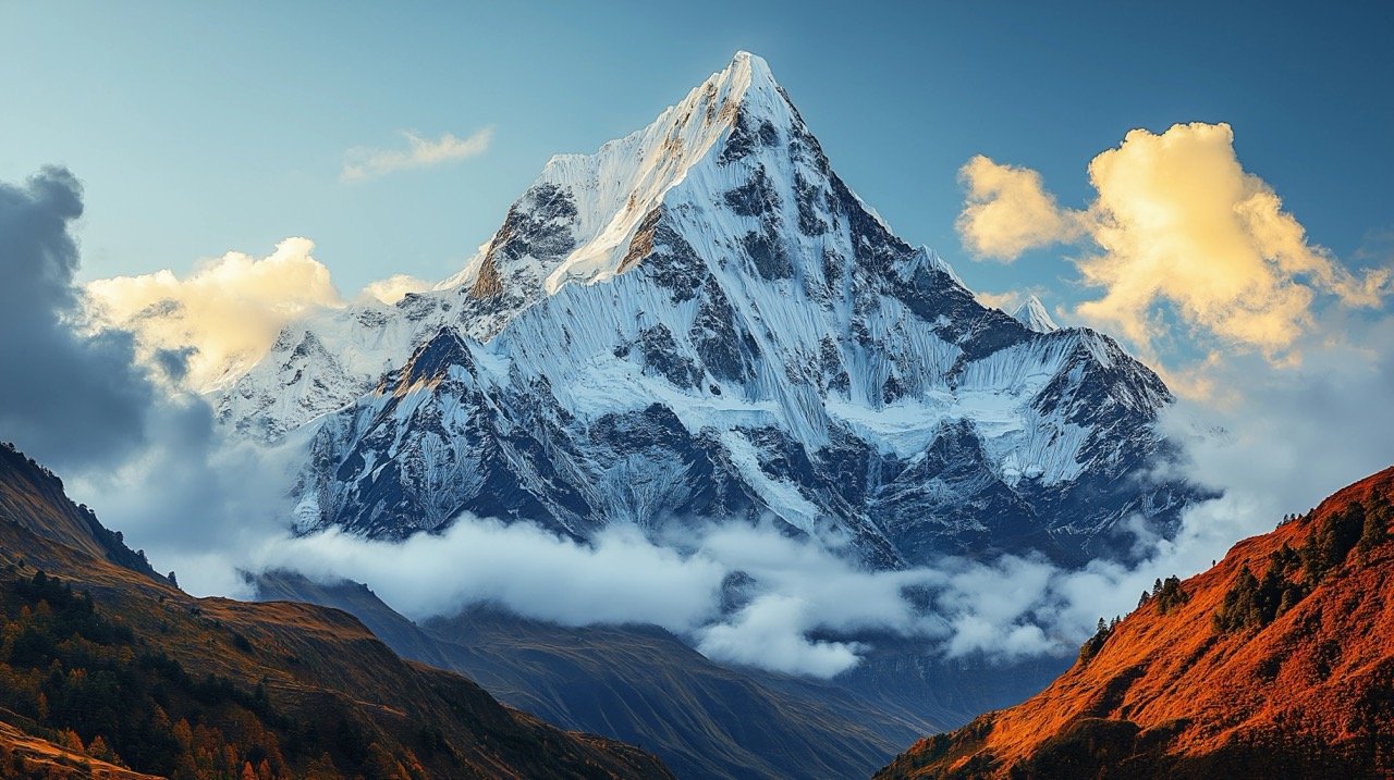 Majestic Sunrise Lighting Up Snow-Capped Machapuchare Mountain – Beautiful Annapurna Himalaya Scenery at Dawn