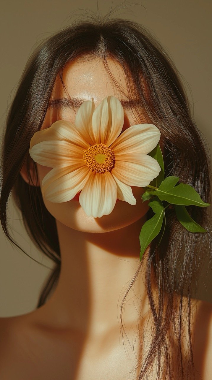 Model Hiding Face with Flower Against Sunlit Beige Background, Highlighting Beauty and Minimalist Fashion Aesthetic