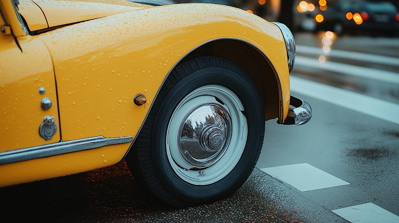 Night Scene with Yellow and White Vintage Car in France, Featuring Alloy Wheels and Spokes