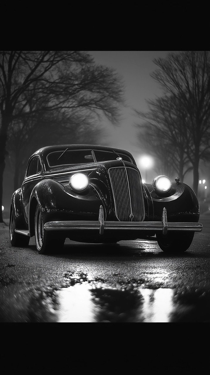 Nighttime Greyscale Image of Classic Vehicle on Ground, Vintage Car Background from St. Paul, USA