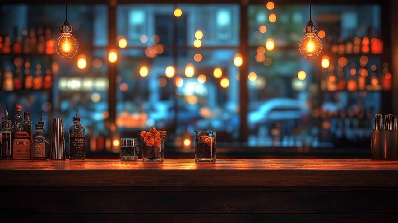 Nighttime abstract blur of a dark bar or café, offering a defocused background for social and party events.