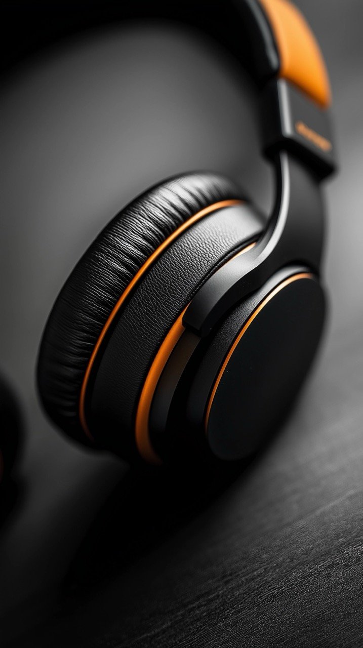 Orange and Gray Headphones Resting on Black and White Surface HD Wallpaper with Electronics and Headset Focus.