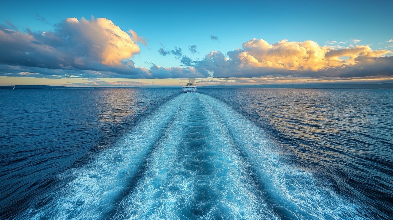 Passenger Ferry Departing Nanimo Harbour on Cloudy Day, British Columbia, Blue Bay of Water, Stock Photo