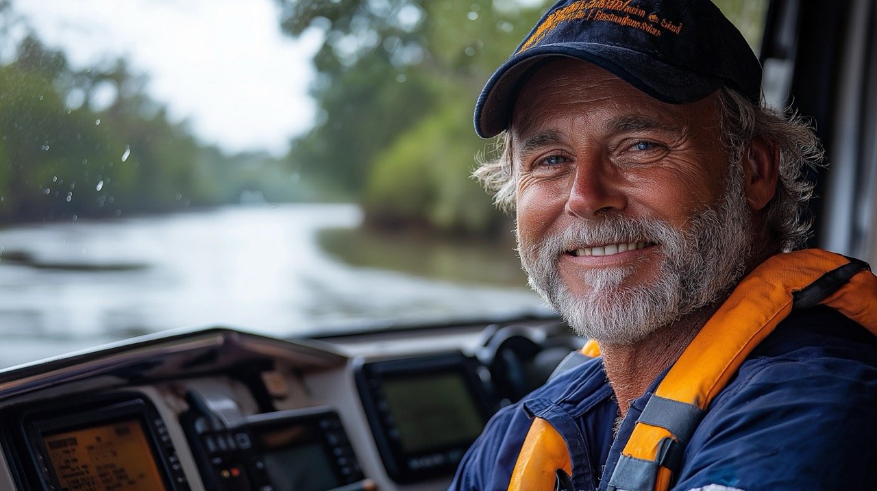 Passenger Ferry Service to Coochiemudlo Island, Queensland, Australia with Captain Navigating – Adult Only Stock Photo