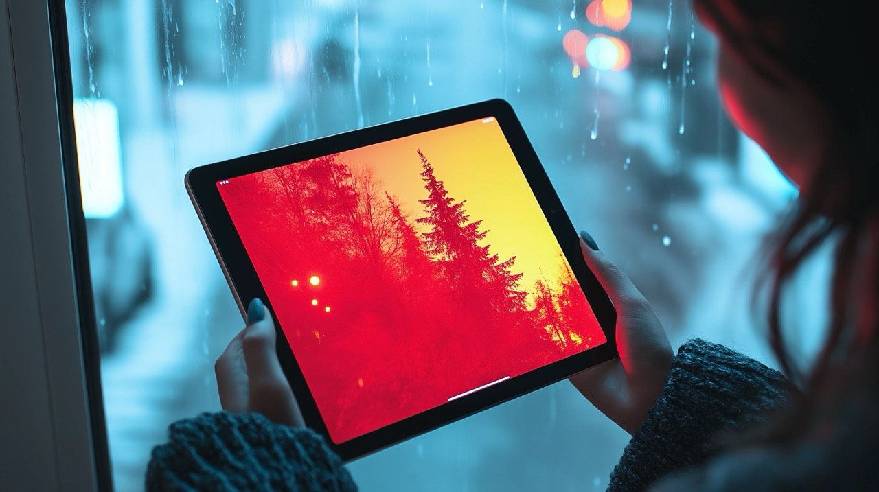 Person Holding Black iPad at Night Red Background, HD iPad Wallpapers, and Apple Product Images with Bokeh Effect.