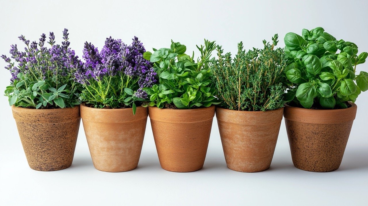 Potted Cooking Herbs – Stunning Stock Photo of Fresh Herbs in Pots for Kitchen and Wellness Use