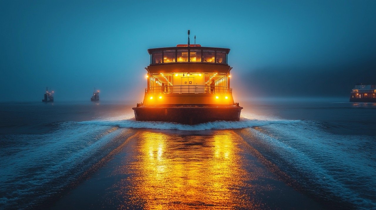 Puget Sound Ferry in Washington State Departing Terminal with Views of Seattle and Elliott Bay