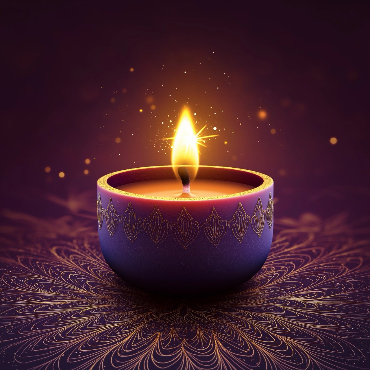 Purple Background Candle with Gold Star, Celebrating Diwali Lights and Traditional Festival Decorations