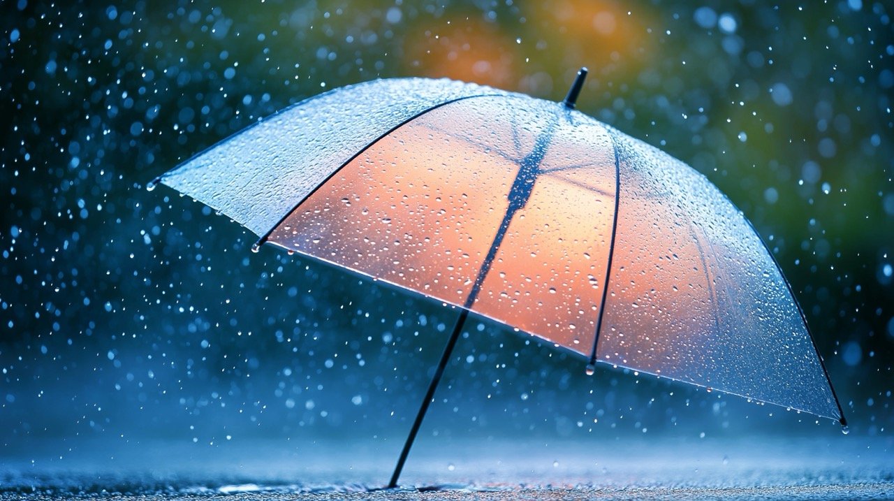 Rainy Weather Scene with Transparent Umbrella and Splashing Water Drops – Stock Photo