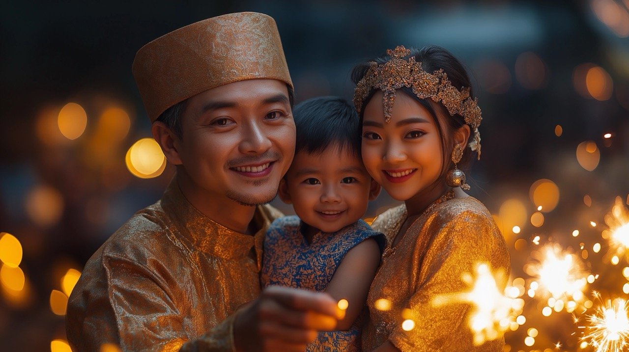 Ramadan Night Celebration Asian Family Playing with Sparklers as a Cultural Family Activity