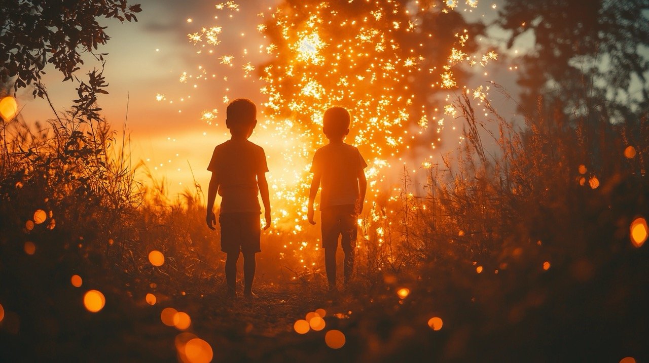 Rear View of Boys Gazing at Fireworks During Sunset A Celebration of Childhood and Stunning Colors