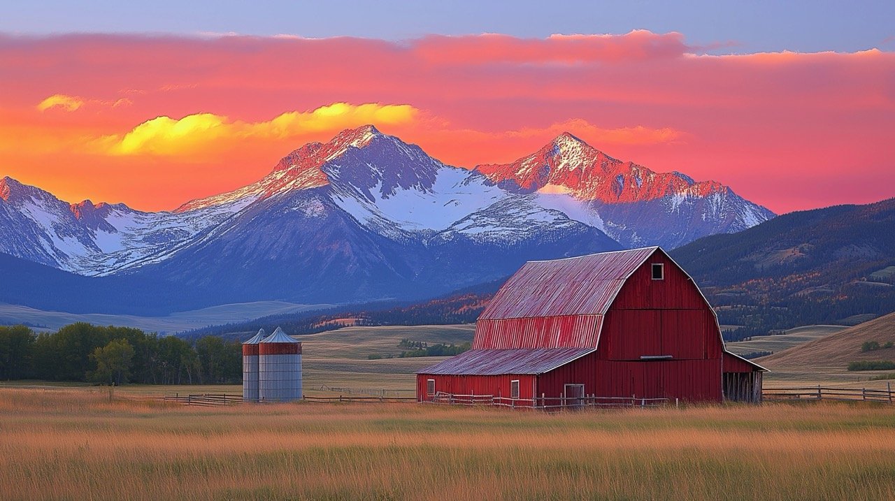 Red Barn and Silos at Sunset in Rural Montana Stunning Summer View with Rocky Mountains in the Background