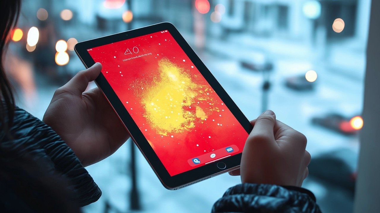 Red Night Scene Person Holding Turned-On Black iPad, Featuring HD Tech Product Wallpapers and Apple Images.