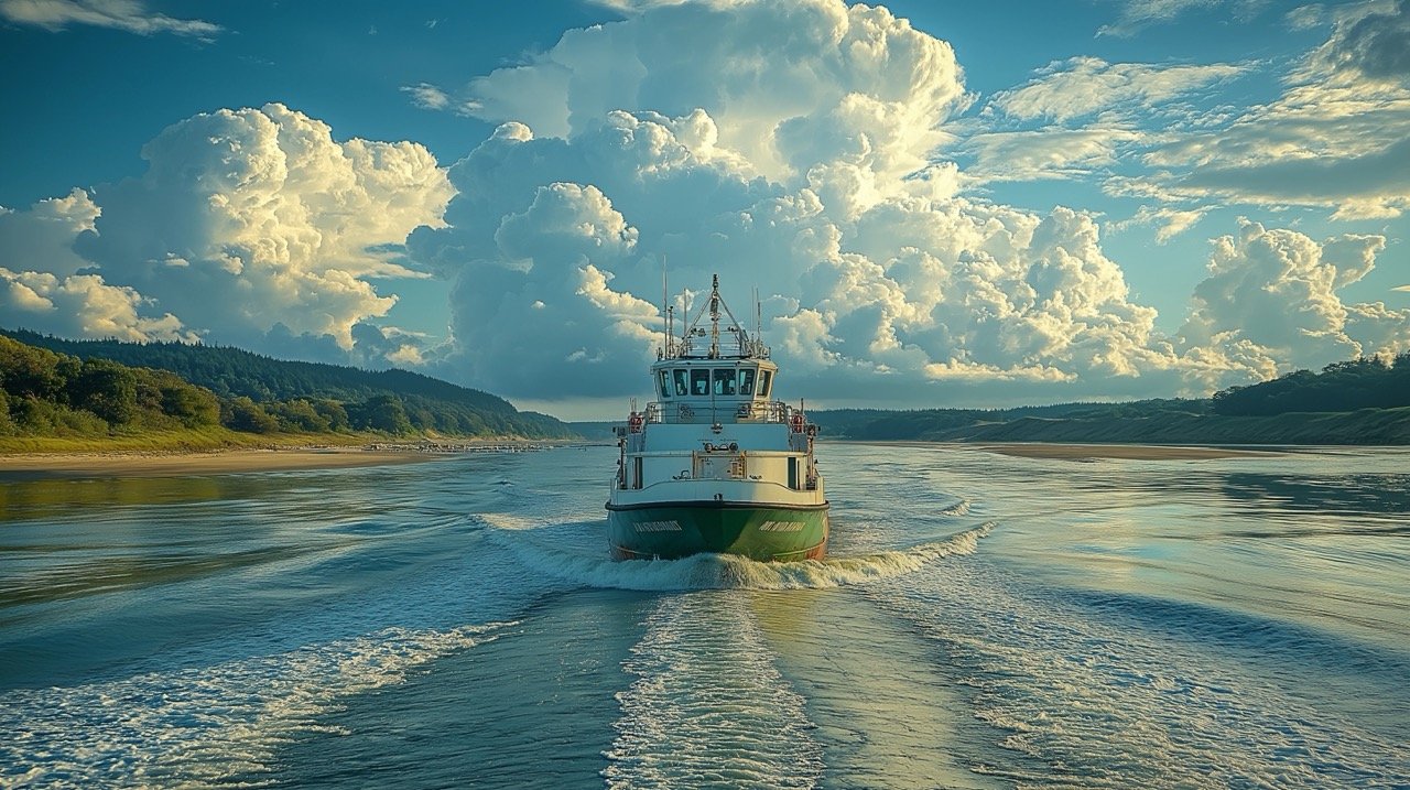 Ruston, Washington Ferry Leaving Port Under Cloudy Sky – Scenic Nature Stock Photo in Horizontal View