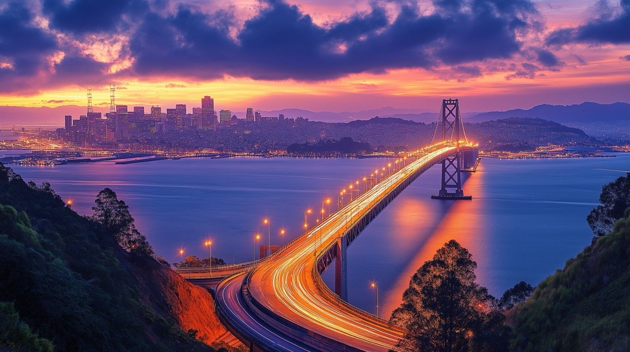 San Francisco Skyline with Oakland Bay Bridge at Sunset Stunning Panoramic View of California, USA