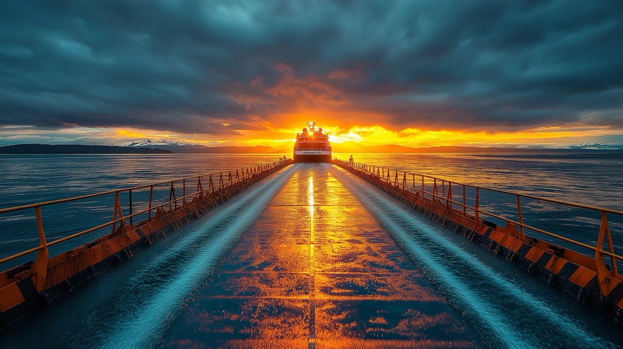 Scenic Ferry Departure from Puget Sound Terminal in Washington State Boat Deck and Seattle View