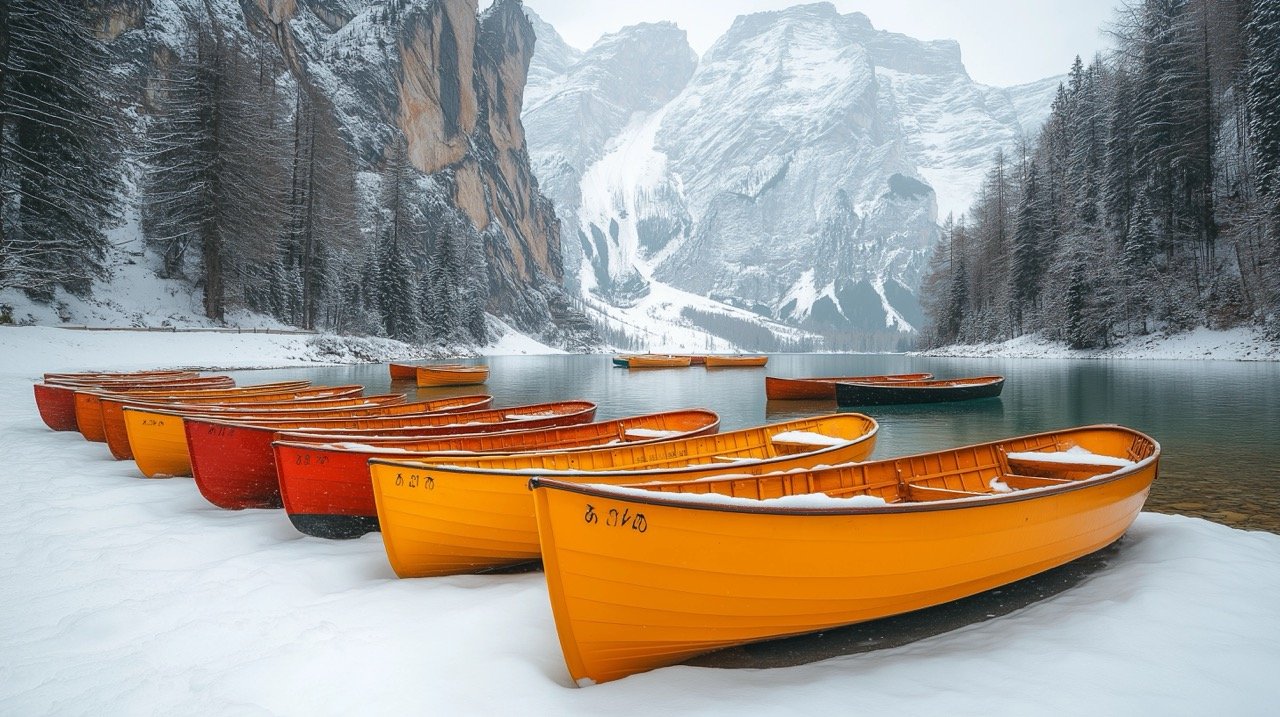 Scenic Lago di Braies View in the Dolomites – Boats on Lake with Stunning Mountain Landscape